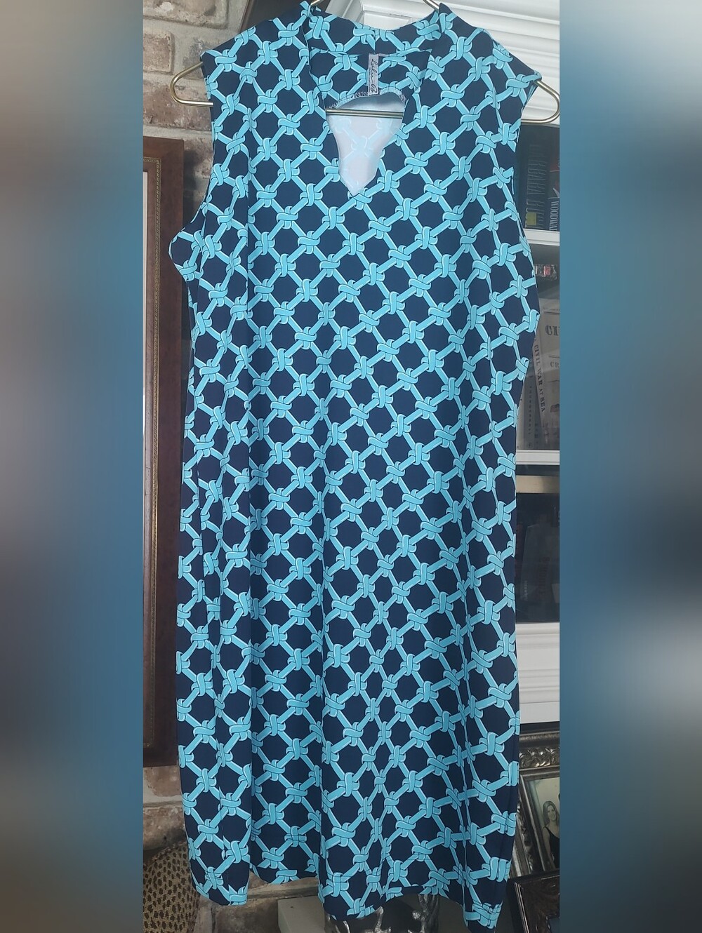 Lulu-B Navy Shift Dress with Light Blue Chain-Link Print Size L